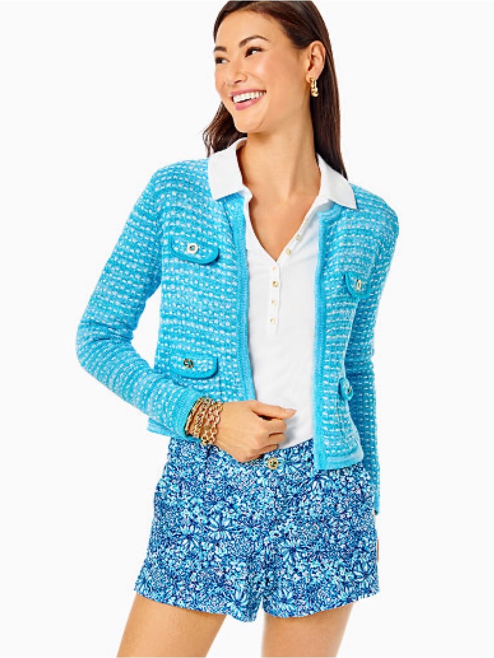 Lilly Pulitzer Aqua Tweed Open-Front Jacket